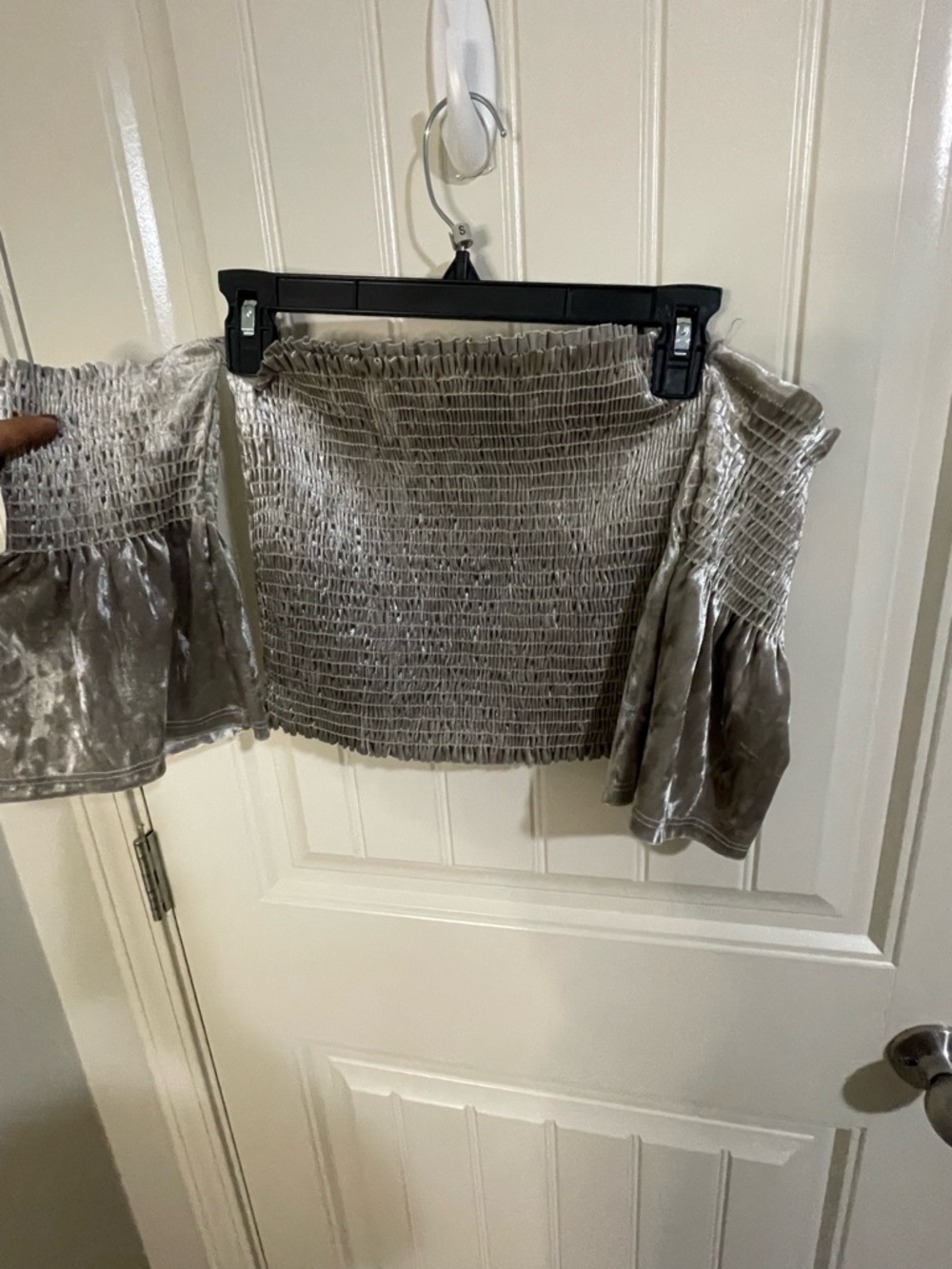 Tres Bien Off-Shoulder Smocked Crop Top in Light Gray - Picture 4 of 4